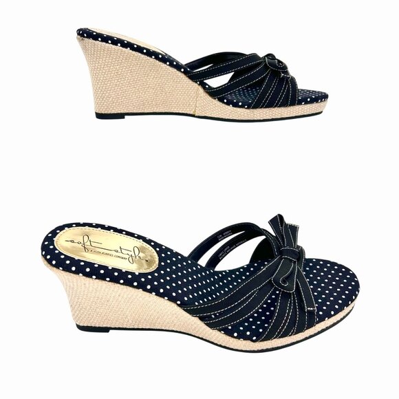 NWOT HUSH PUPPIES SOFT STYLES NAVY BLUE WHITE POLKA DOT WEDGE SANDALS 7.5 - Picture 1 of 9